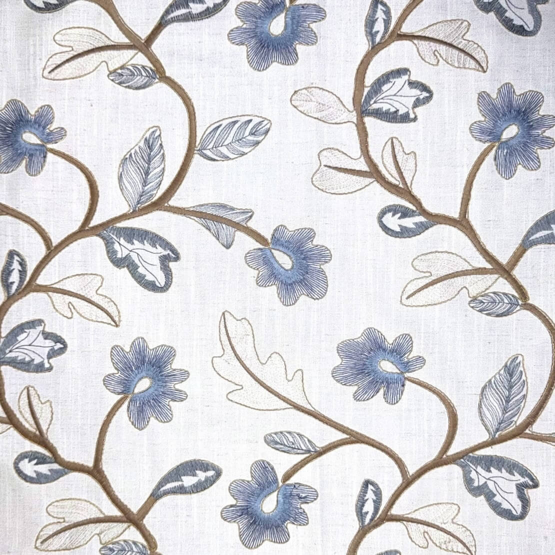 Ciel Embroidered Floral Linen Fabric - Battleship