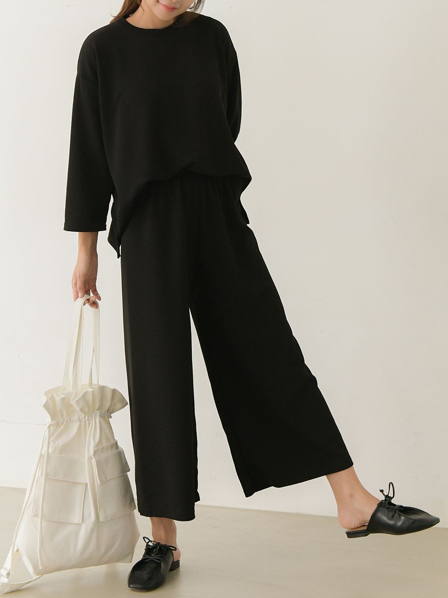 4 COLORS / 2pc-Set Soft Loungewear Gray Black Red Purple Long Sleeve Casual Wear Top Bottom Pajama Set / RENA / One Size