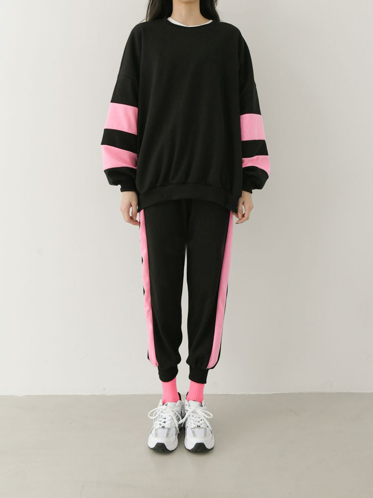 Funky 2pc-Set Cotton Loungewear Contrasting Neon Pink Long Sleeve Casual Wear Top Bottom Pajama Set / CRAYOLA