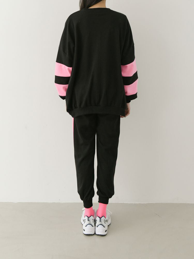 Funky 2pc-Set Cotton Loungewear Contrasting Neon Pink Long Sleeve Casual Wear Top Bottom Pajama Set / CRAYOLA