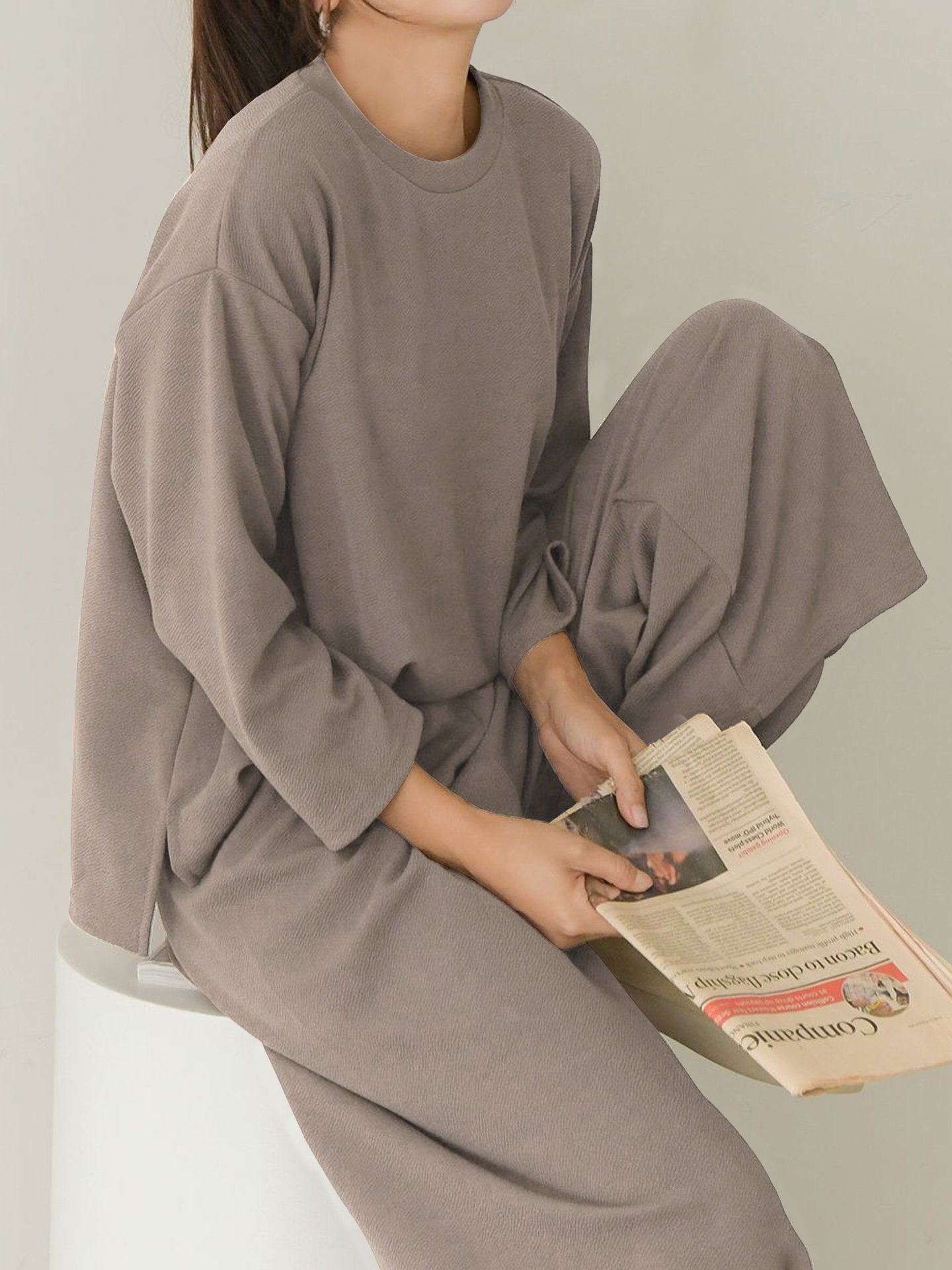 New 2pc-Set Soft Loungewear Gray Black Red Purple Long Sleeve Casual Wear Top Bottom Pajama Set / 4 COLORS