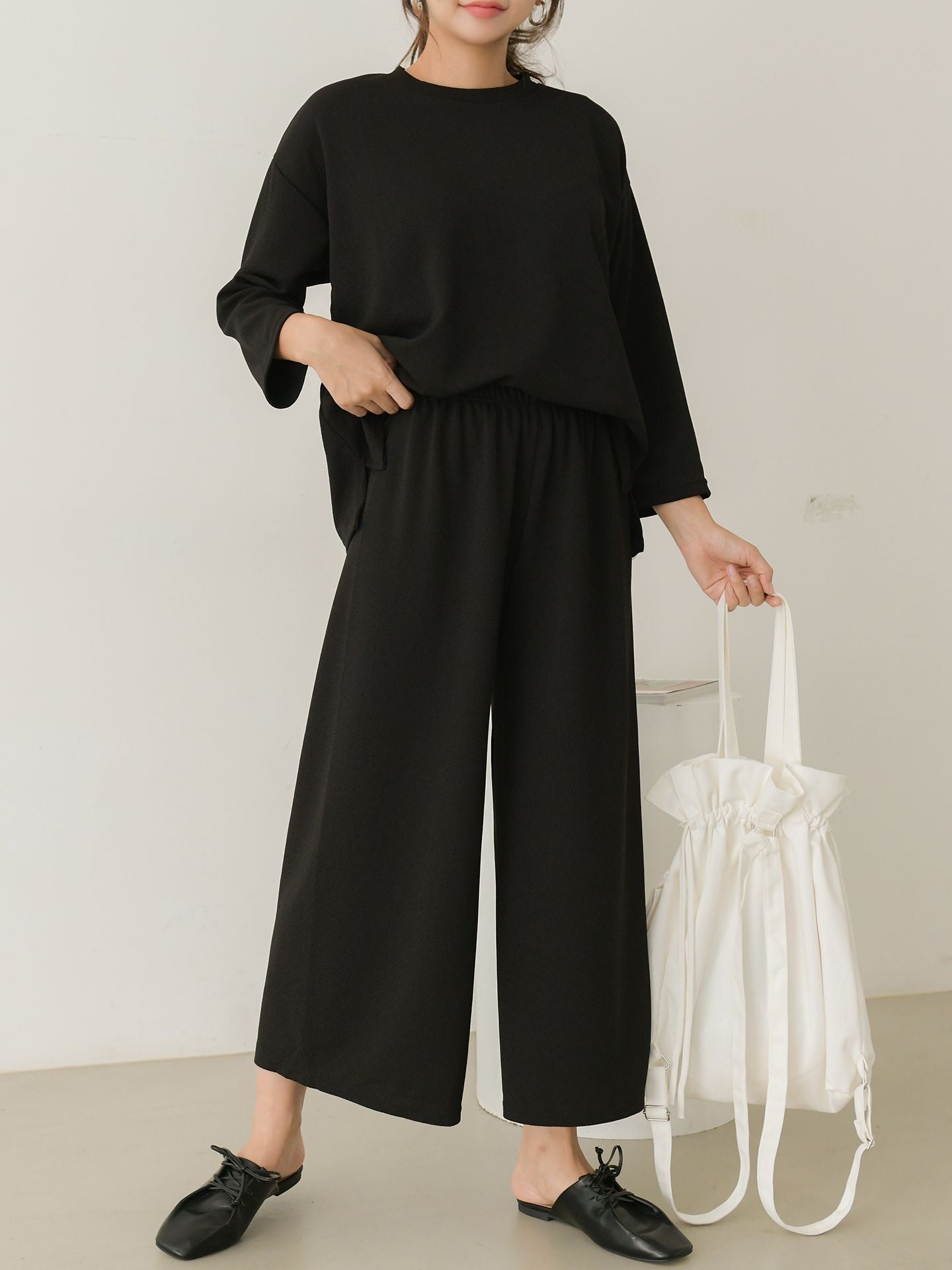4 COLORS / 2pc-Set Soft Loungewear Gray Black Red Purple Long Sleeve Casual Wear Top Bottom Pajama Set / RENA / One Size
