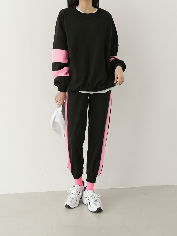 Funky 2pc-Set Cotton Loungewear Contrasting Neon Pink Long Sleeve Casual Wear Top Bottom Pajama Set / CRAYOLA
