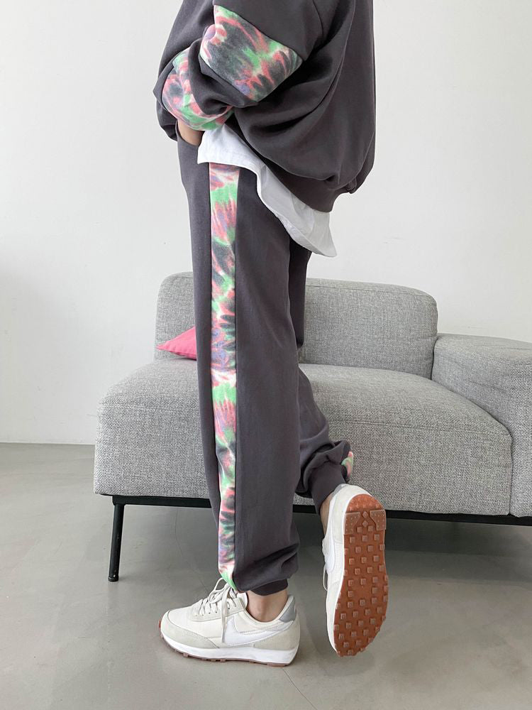 2pc-Set Cotton Loungewear Contrasting Tie Dye Long Sleeve Casual Wear Top Bottom Pajama Set / URBAN CITY