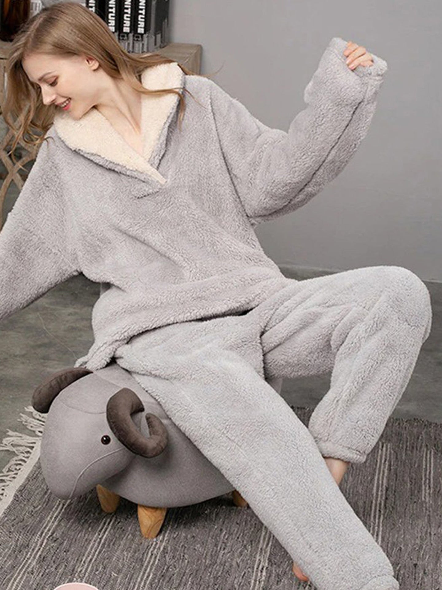 Seamoda Teddy Bear Printed Long Sleeve Pajama Set-grey