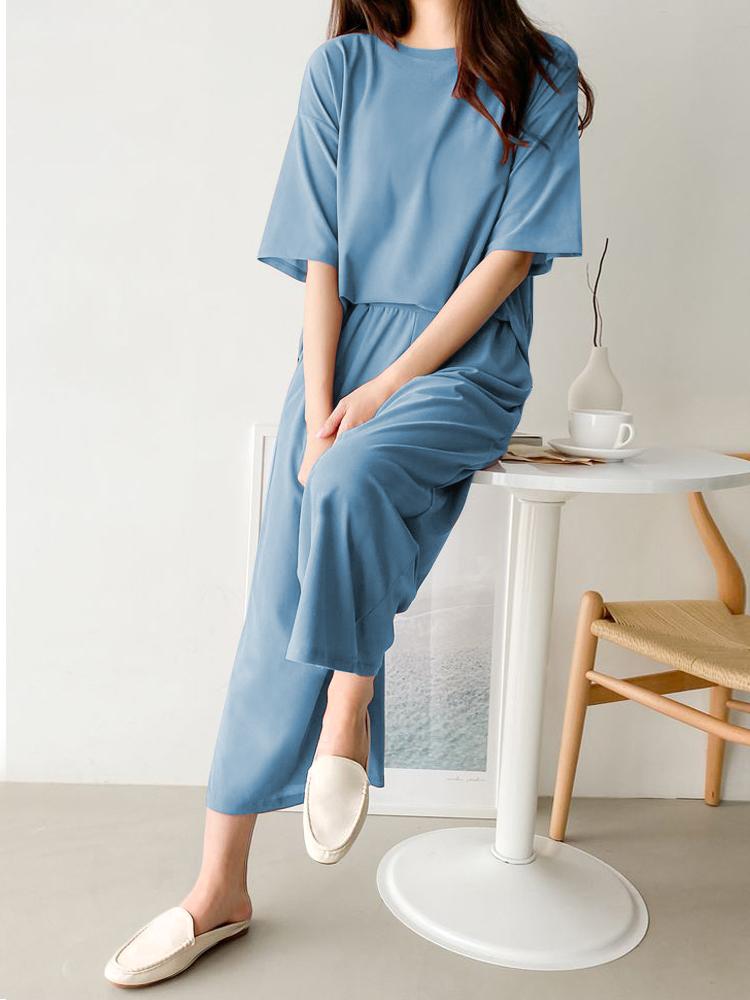 2pc Set Blue Loungewear Loose Wrinkle-Free Women Pajama Set / Freer Nomad