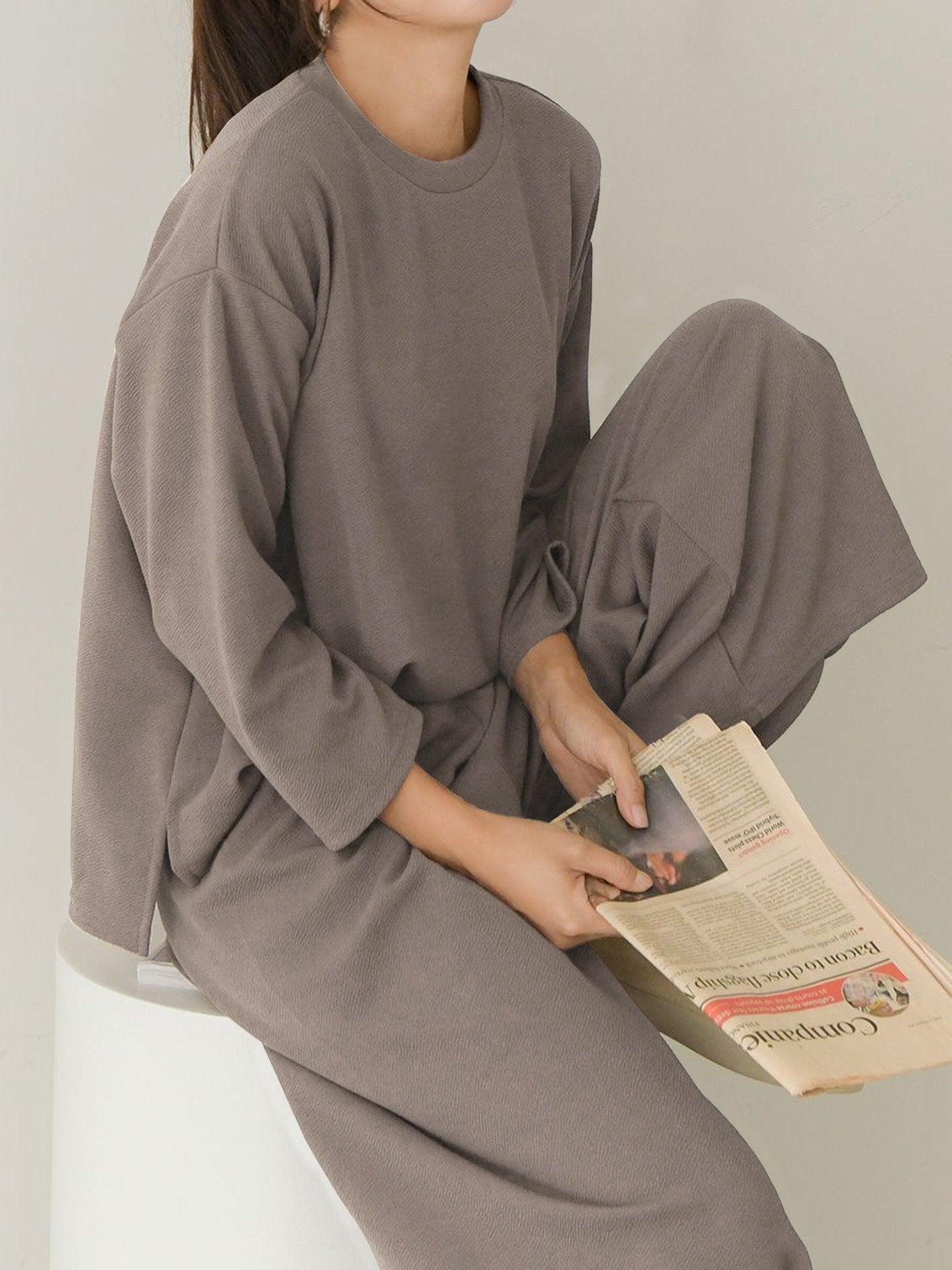 RENA / Mocha Grey 2pc-Set Soft Loungewear Long Sleeve Wrinkle Free Pajama Wear / Women Lounge Top and Bottom Set - FREER NOMAD