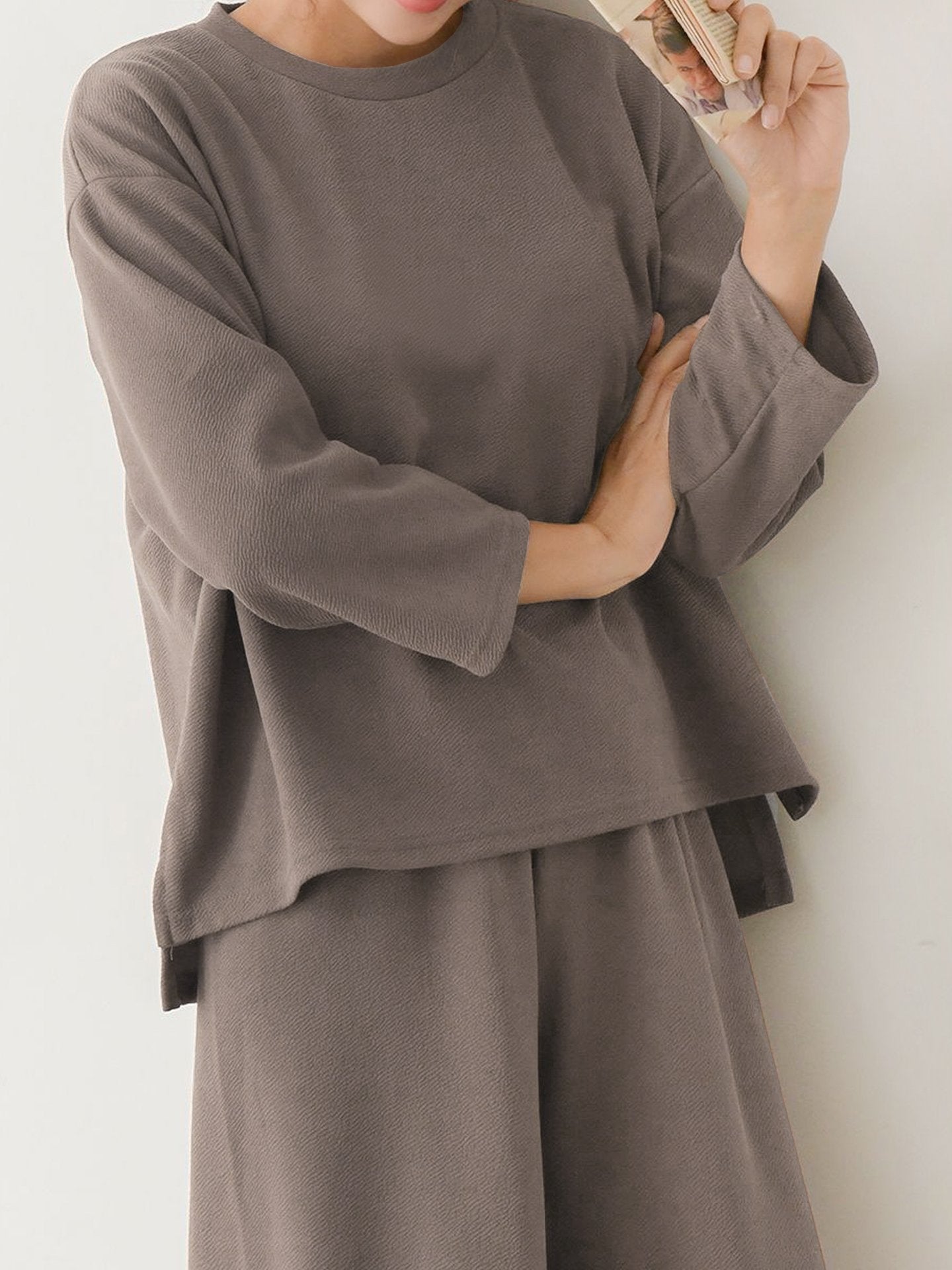 RENA / Mocha Grey 2pc-Set Soft Loungewear Long Sleeve Wrinkle Free Pajama Wear / Women Lounge Top and Bottom Set - FREER NOMAD