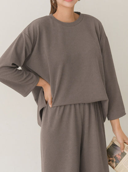 RENA / Mocha Grey 2pc-Set Soft Loungewear Long Sleeve Wrinkle Free Pajama Wear / Women Lounge Top and Bottom Set - FREER NOMAD