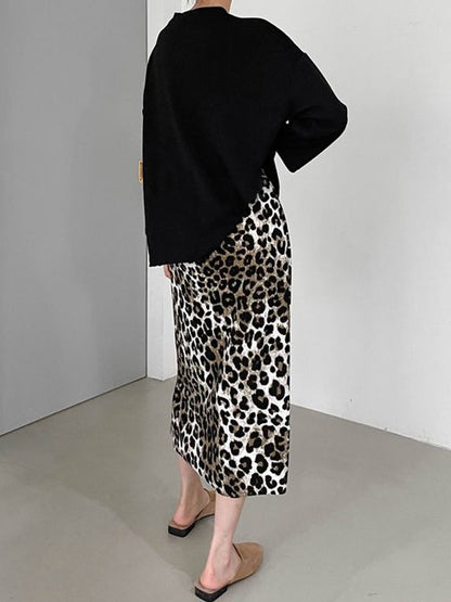 2pc-Set Soft Loungewear Black Leopard Print Long Sleeve Casual Wear Top Bottom Skirt Pajama Set / LEO / One Size