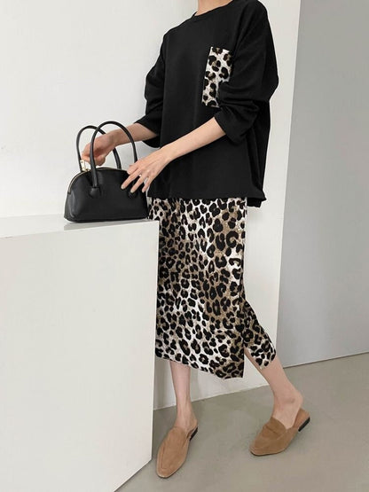 2pc-Set Soft Loungewear Black Leopard Print Long Sleeve Casual Wear Top Bottom Skirt Pajama Set / LEO / One Size