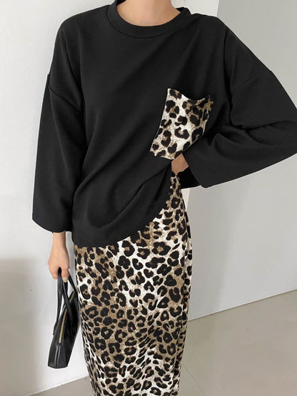 2pc-Set Soft Loungewear Black Leopard Print Long Sleeve Casual Wear Top Bottom Skirt Pajama Set / LEO / One Size