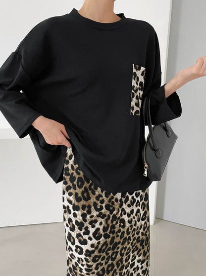 2pc-Set Soft Loungewear Black Leopard Print Long Sleeve Casual Wear Top Bottom Skirt Pajama Set / LEO / One Size