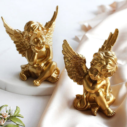 SET of 2 Gold White Cute Angel Figurine Handmade Sculpture for Home Decor Gift Collectible Decorative Souvenir